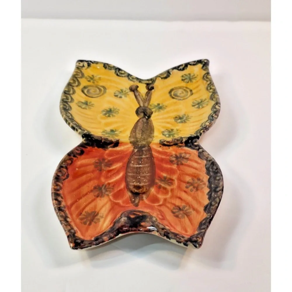 Italian Ceramic Butterfly Wall‎ Plaque Hand Painted Orange Yellow 9.25